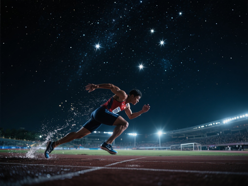 在夜晚的星空下，体育赛场上的每一滴汗水都仿佛化作一